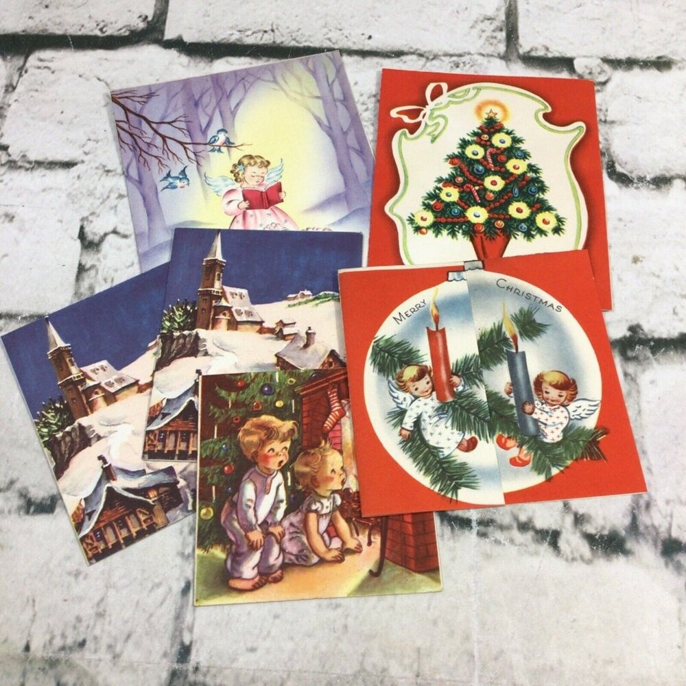 Vintage Christmas Cards Lot Of 6 1950’s Ephemera Americana Holiday Clip Art Sent